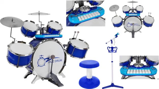 Detská bicia súprava s keyboardom a mikrofónom modrá