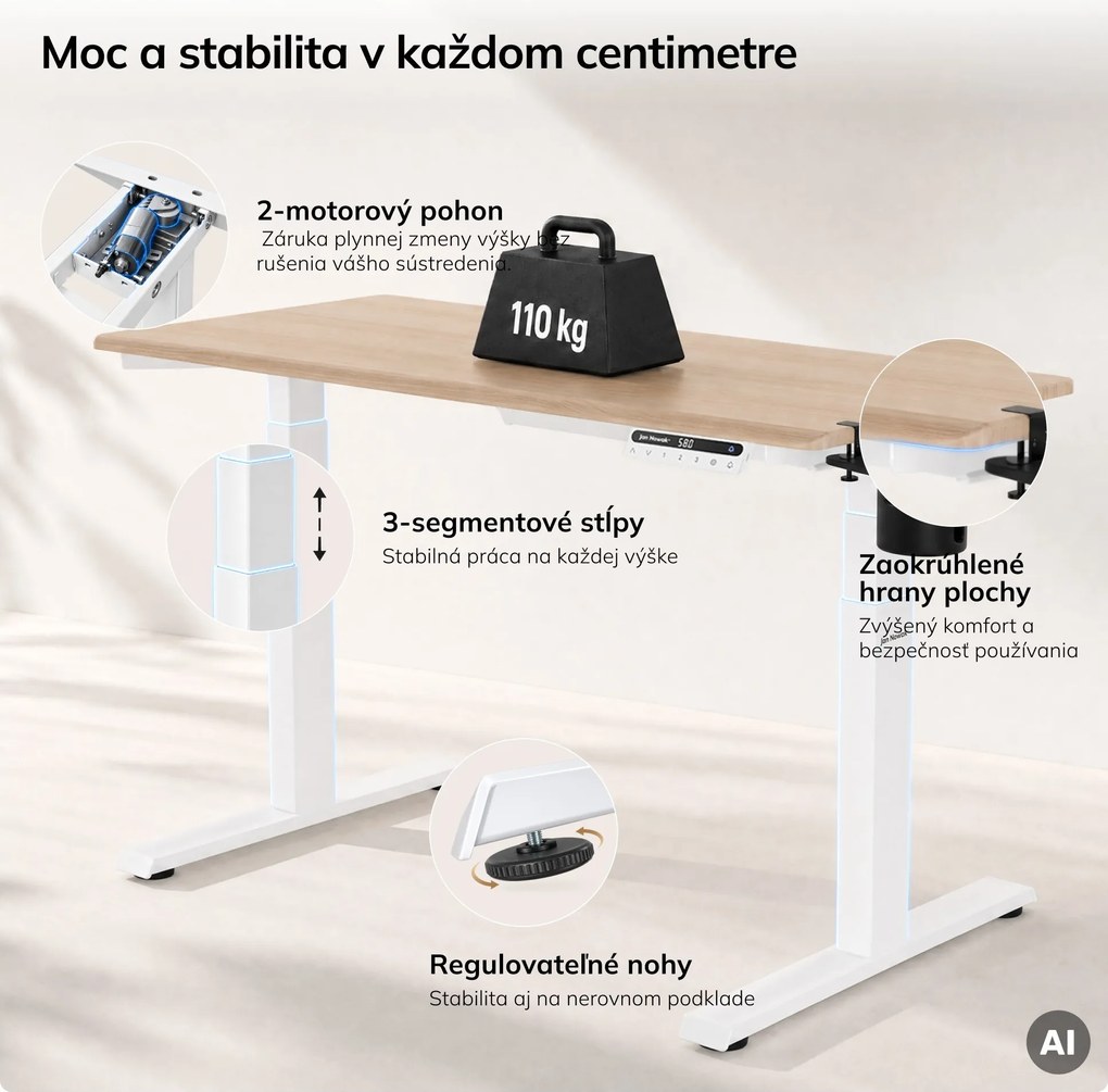 Elektrický stôl s nastaviteľnou výškou ergonomický biely/dub sonoma,1200x600 mm: ARIA