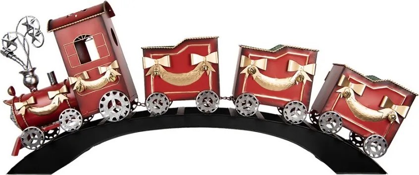 Červená kovová dekorácia vláčik na koľajniciach Christmas Train - 108*18*44 cm