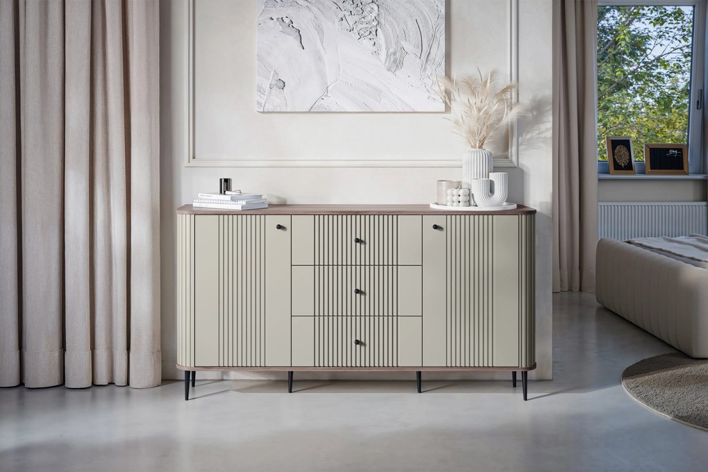 Komoda Vesper 160 cm so zásuvkami na nožičkách - kašmír / orech / čierne nohy