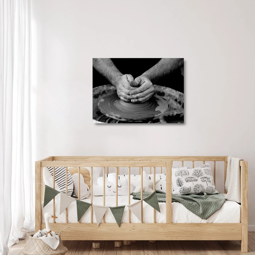 Čiernobiely sklenený obraz - výroba keramiky (70x50 cm)