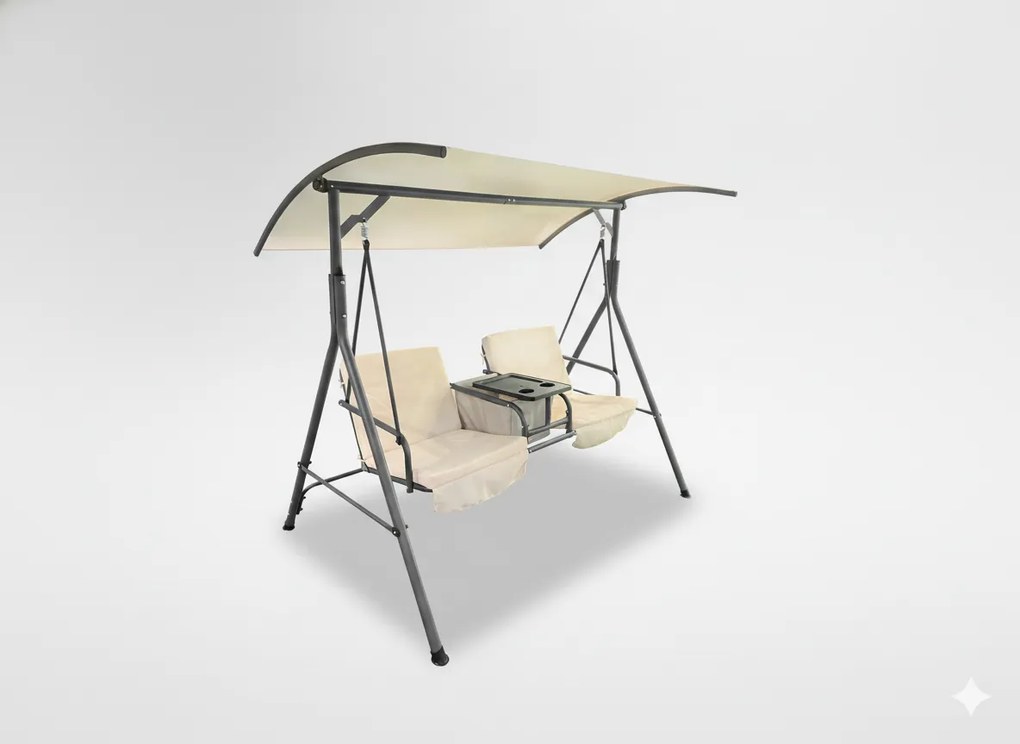 Dvojmiestna záhradná hojdačka v béžovej farbe so stojanom na hrnčeky 170 x 110 x 165 cm