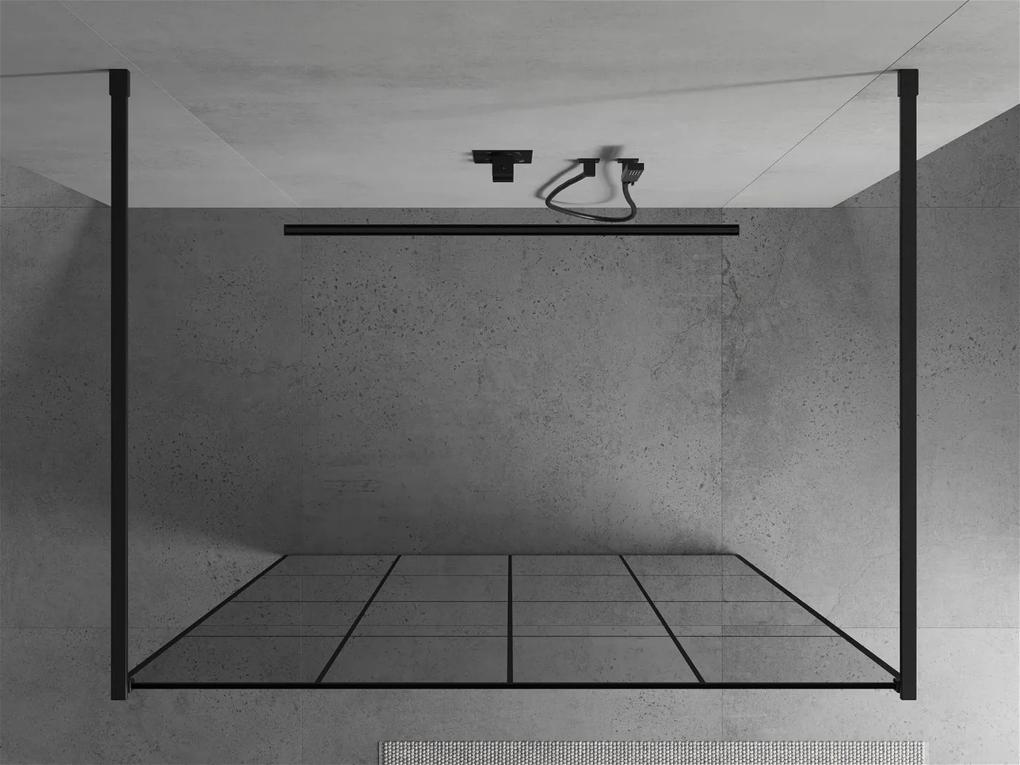 Mexen Kioto, priechodná sprchová zástena 130 x 200 cm, 8mm sklo číre/čierny vzor, 2x čierna stabilizačná rozpera, 800-130-002-70-77