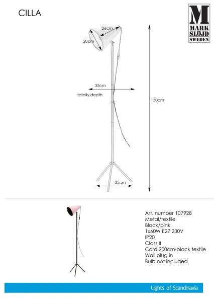 Markslöjd 107928 - Stojacia lampa CILLA 1xE27/60W/230V