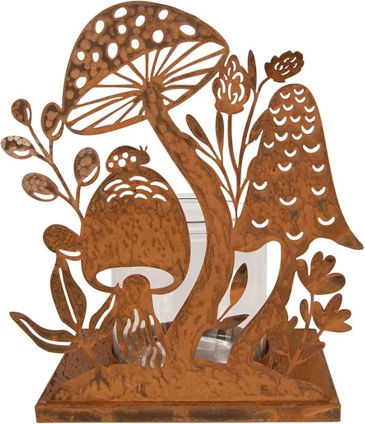 Rustikálny hrdzavý svietnik s hubami Mushroom Rust - 22*13*23 cm