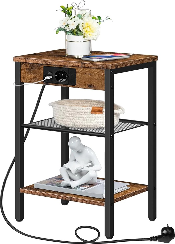 Noční stolek Vasagle Harby 38 cm s nabíjecí stanicí černý/hnědý