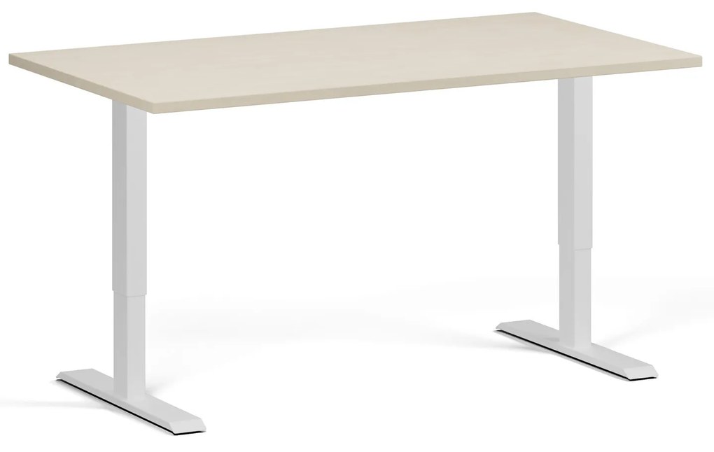 Výškovo nastaviteľný stôl, 140x80 cm, 1 motor, biela podnož, breza