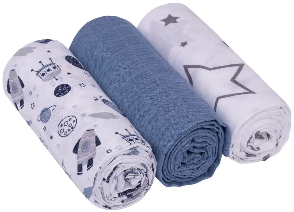 Mušelínové plienky 3ks Lux - Kosmo, 70 x 80 cm, modrá/biela