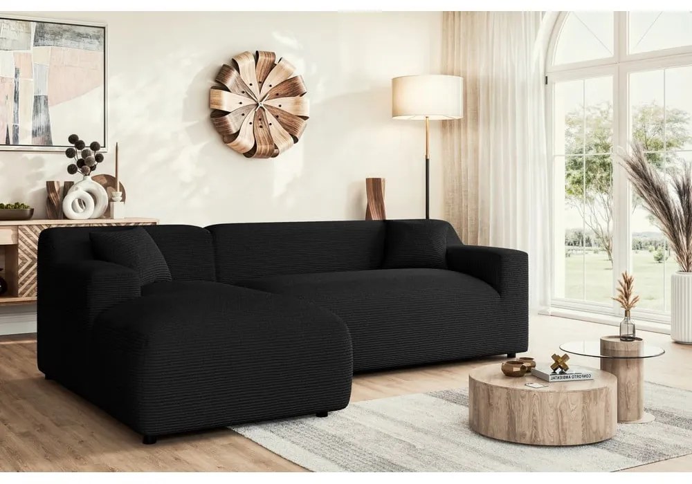 Čierna menčestrová rohová pohovka (ľavý roh/s leňoškou) Martin – Ropez