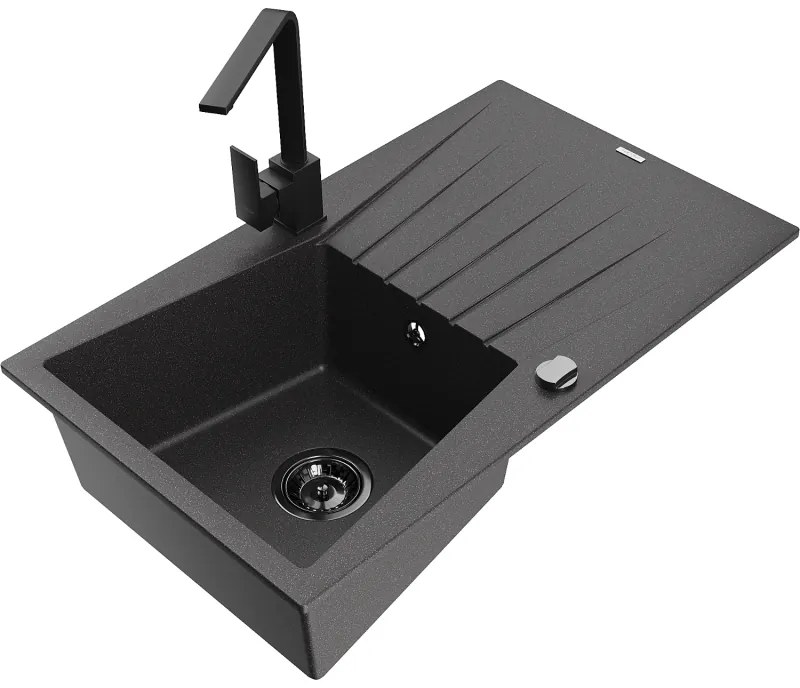 Mexen Cesar, granitový drez 775x470x190 mm, 1-komorový, čierna škvrnitá s čiernym sifónom a čierna drezová batéria Rita, 6514-76-670300-70-B