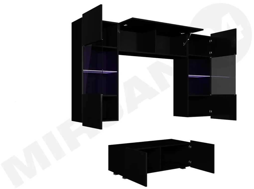 Obývacia stena Bralani X, Farby: čierny + čierny lesk / biela + biely lesk, Osvetlenie: osvetlenie LED modré