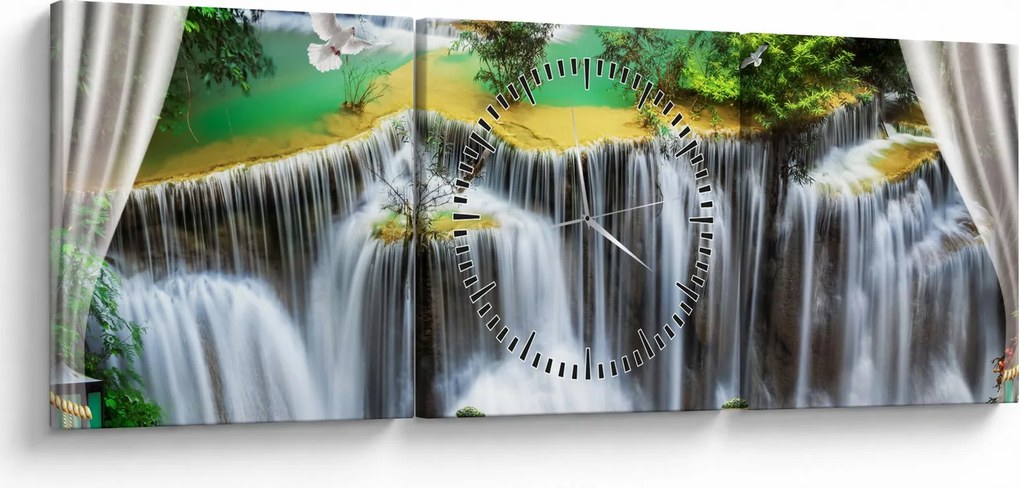 Obraz - Výhľad na kúzelné vodopády (s hodinami) (90x30 cm)