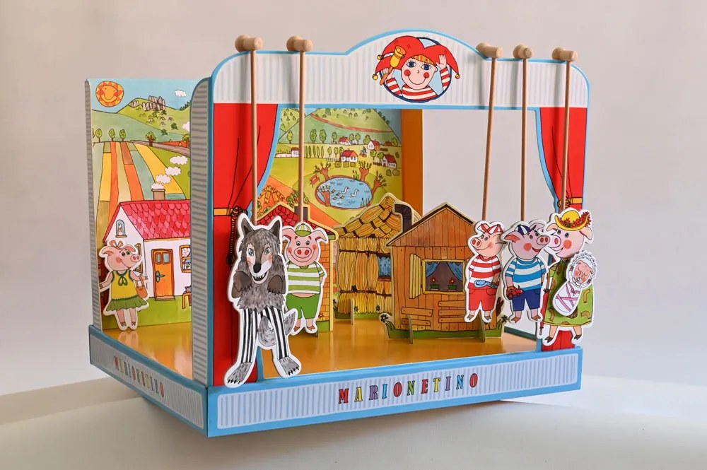 MARIONETINO Bábkové divadlo so zvieratkami – prasiatka a kozliatka (kompletný set, 15 bábok)