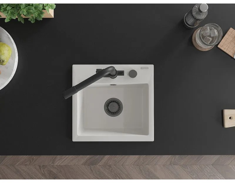 Mexen Milo, granitový drez 435x410x171 mm, 1-komorový a čierna batéria Duero, biela, 6505-20-671600-70