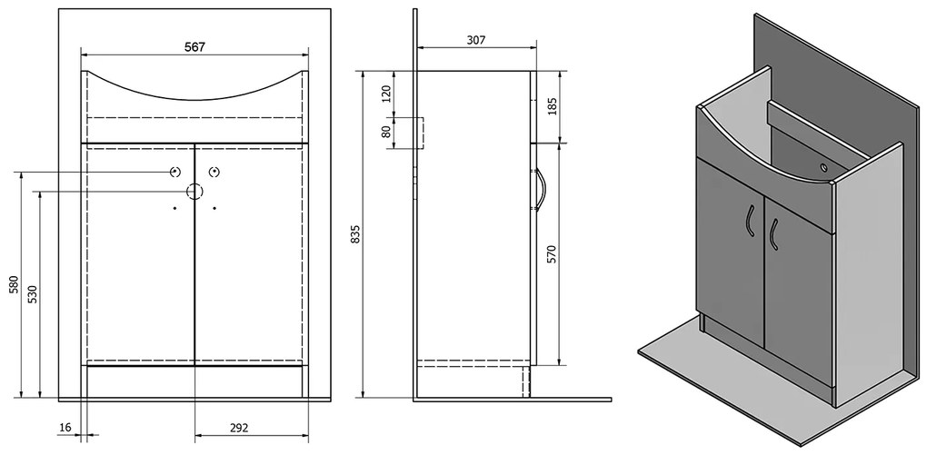 Aqualine Aqualine, SIMPLEX ECO 60 umývadlová skrinka s umývadlom 58,5x83,5x30,7cm, SIME600