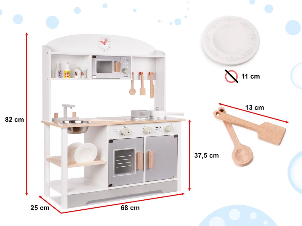 KIK Detská drevená kuchyňa MODERN CLASSIC s príslušenstvom, 82 cm, sivá
