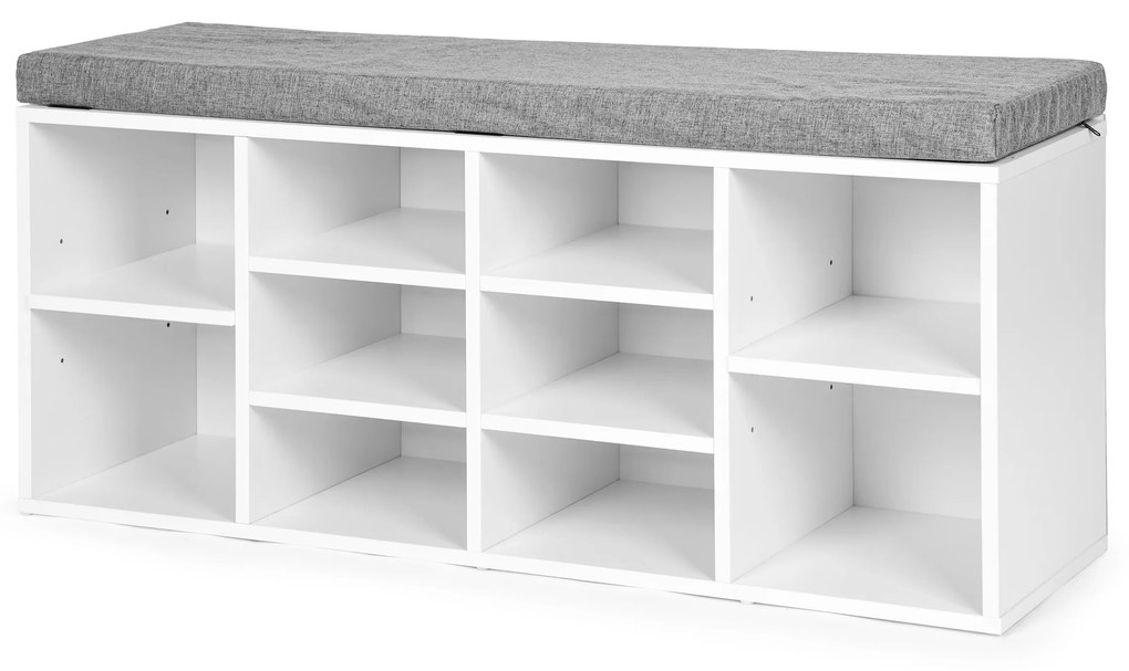 ModernHome Skrinka na topánky so sivým vankúšom, 10 bielych políc