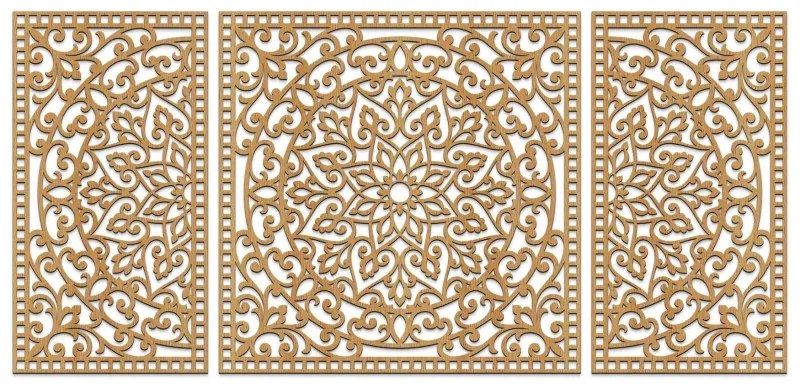 Drevená nástenná dekorácia trojdielna mandala do interiéru | SENTOP HDF0514-B