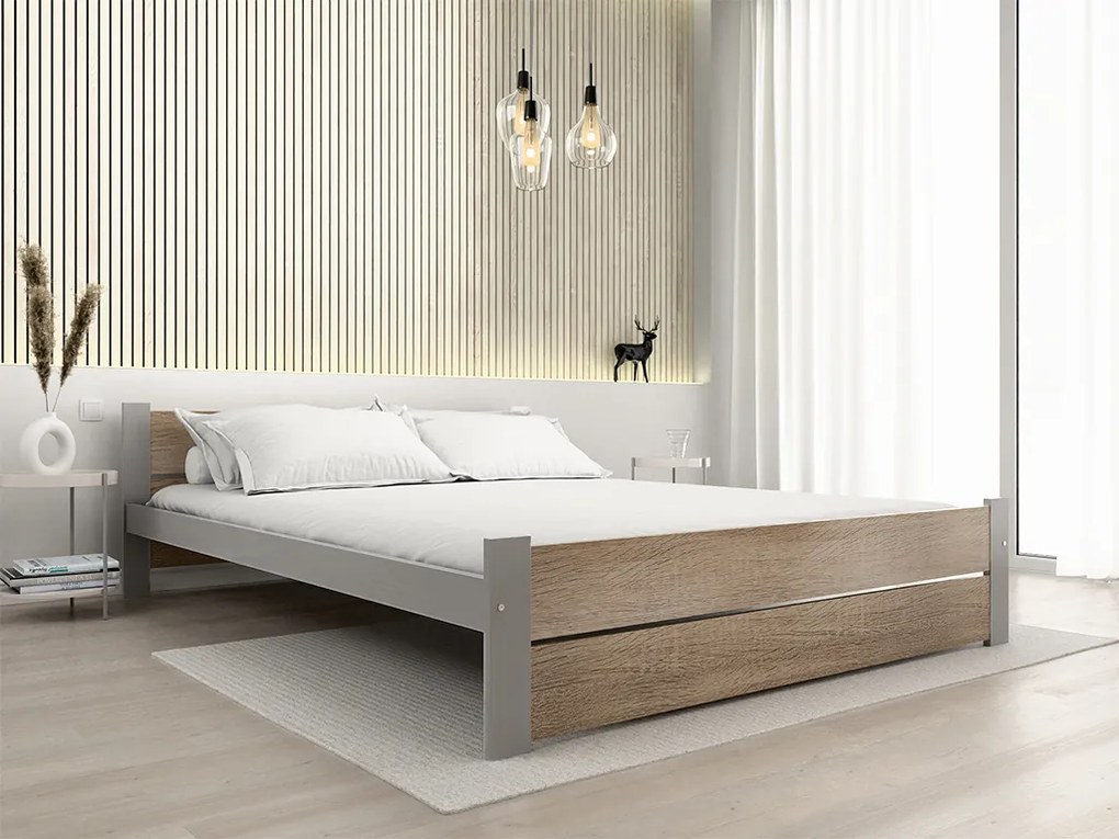 Posteľ IKAROS DOUBLE 160 x 200 cm, dub sonoma/sivá Rošt: S lamelovým roštom, Matrac: Matrac Deluxe 10 cm