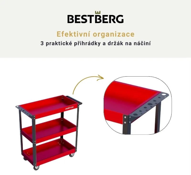 Kovový pojazdný dielenský vozík s 3 policami BestBerg BBTC-301 / SPCC steel