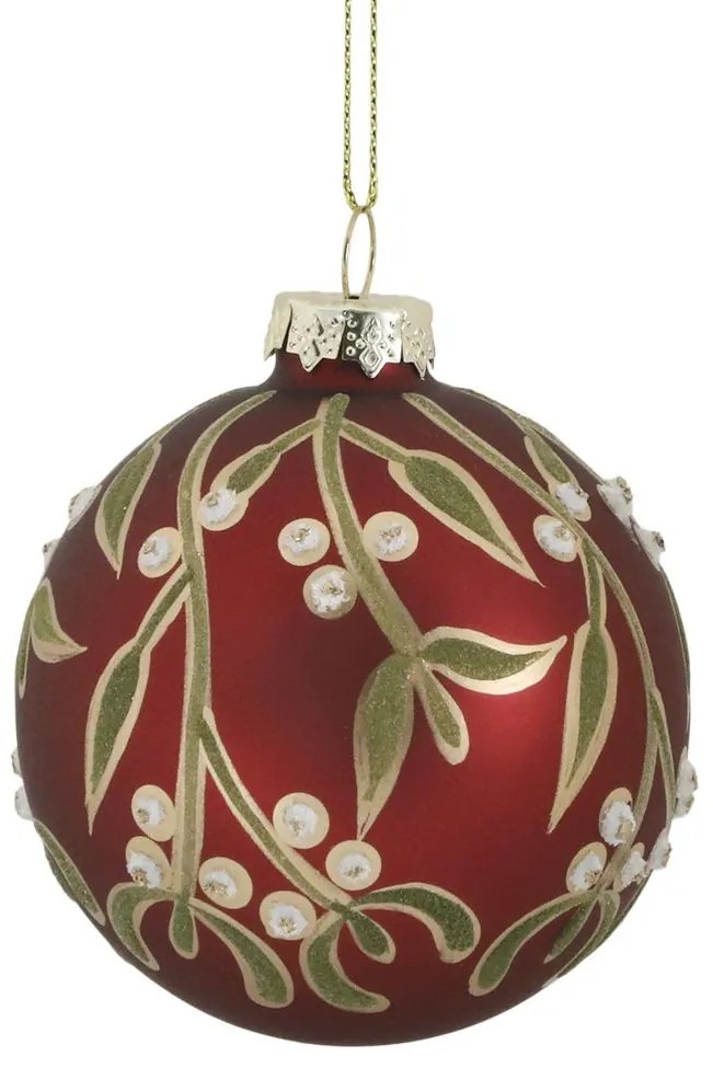 Červená sklenená vianočná ozdoba gule s imelom - Ø 8 cm