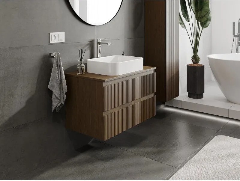 Mexen Rivel, kúpeľňová skrinka 80 cm s hornou časťou, 2 zásuvky, drážkovaná, orech, 91A20-08047-2-BFFC86