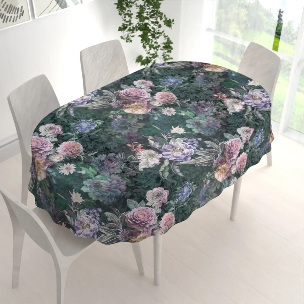 Biante Dekoračný oválny obrus BM-010 Veľké fialové kvety na tmavo zelenom 100x140 cm