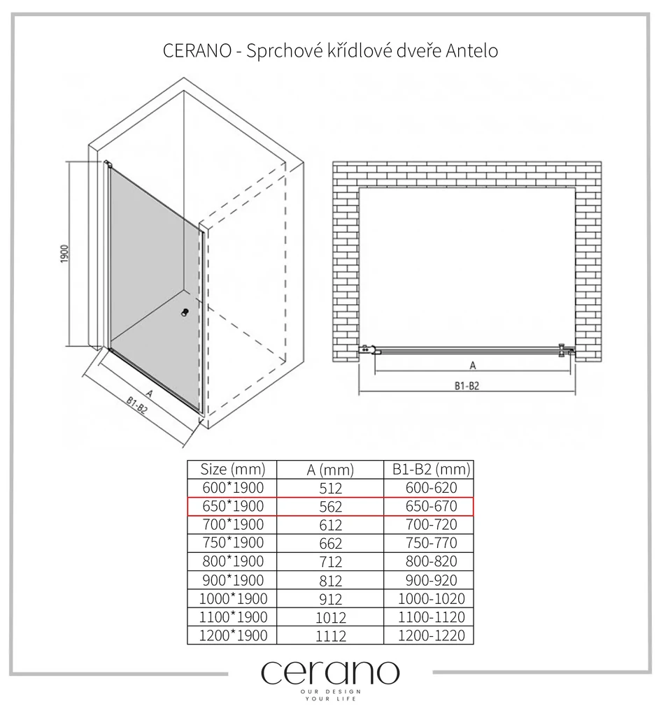 CERANO - Sprchové krídlové dvere Antelo L/P - čierna matná, transparentné sklo - 65x190 cm, CER-CER-481744