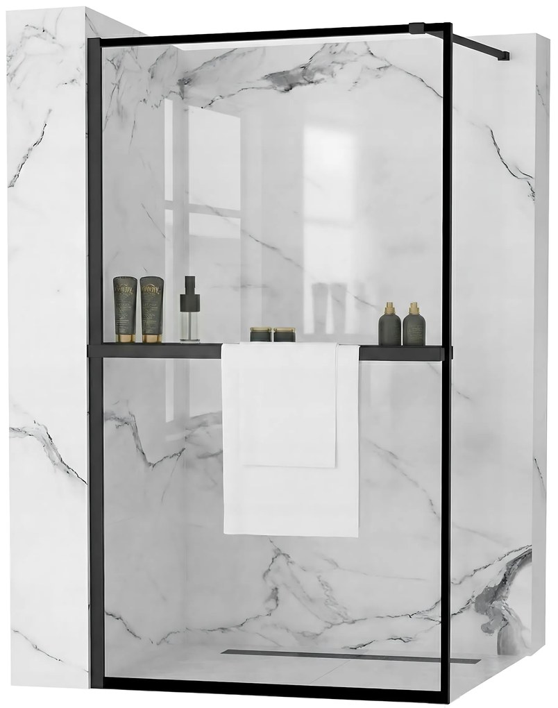 Rea Bler, sprchová zástena typ Walk-In 70x195cm, 8mm číre sklo, čierny profil + polica a vešiak na uteráky EVO, KPL-K7636