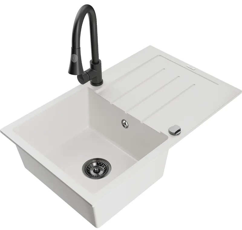 Mexen Bruno, 1-komorový granitový drez 795x495x200 mm a drezová batéria Elia, biela, 6513-20-670101-70