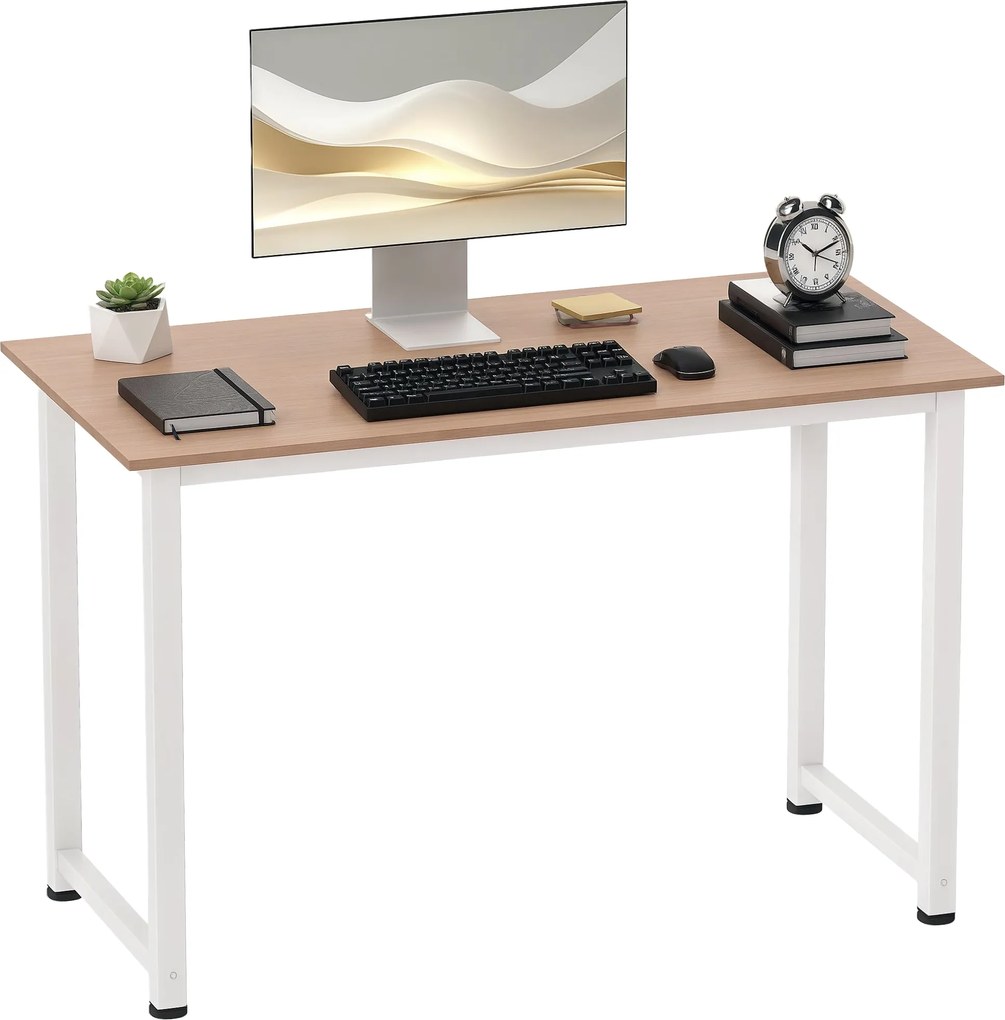 HOMCOM Moderný stôl na štúdium s oceľovým rámom a nastaviteľnými nožičkami, počítačový stôl do domácej kancelárie 120x60x76 cm biely a prírodný | Aoso