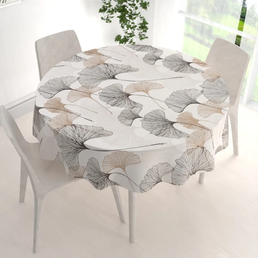 Biante Bavlnený okrúhly obrus Sandra SA-411 Hnedé Ginkgo listy na bielom Ø 120 cm