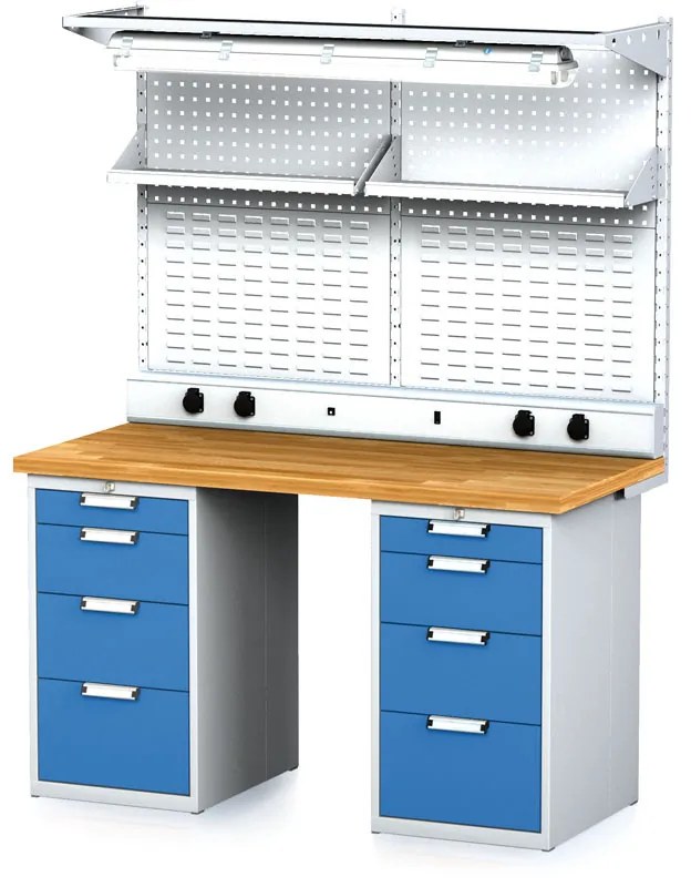 Alfa 3 Dielenský stôl MECHANIC I + 2x závesný box, nadstavba, polica, el. zásuvky a osvetlenie, 8 zásuviek, 1500x685x880 mm, modré dvere