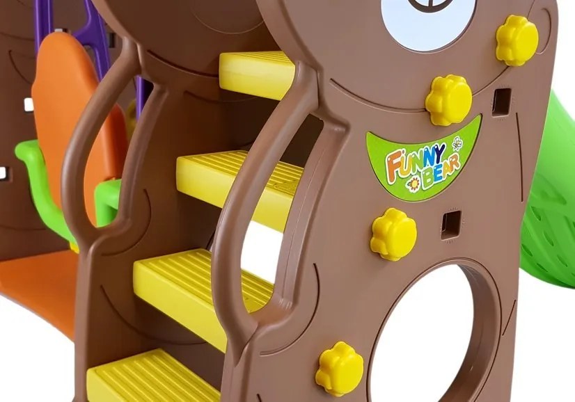 LEAN TOYS Záhradná súprava šmýkačka, hojdačka, kôš medveď hnedý