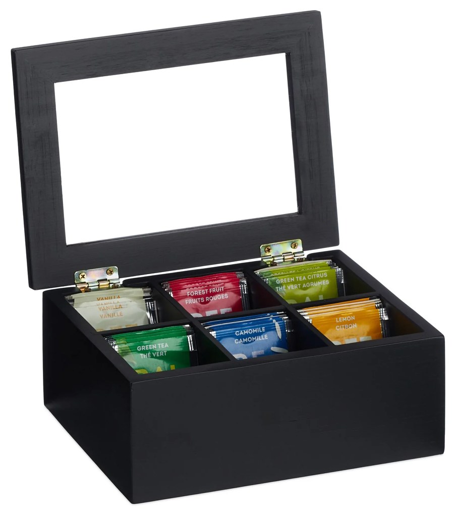 Čierna bambusová krabička na čaj RelaxDays RD47508 so 6 priehradkami – ochrana arómy, 21,5 cm