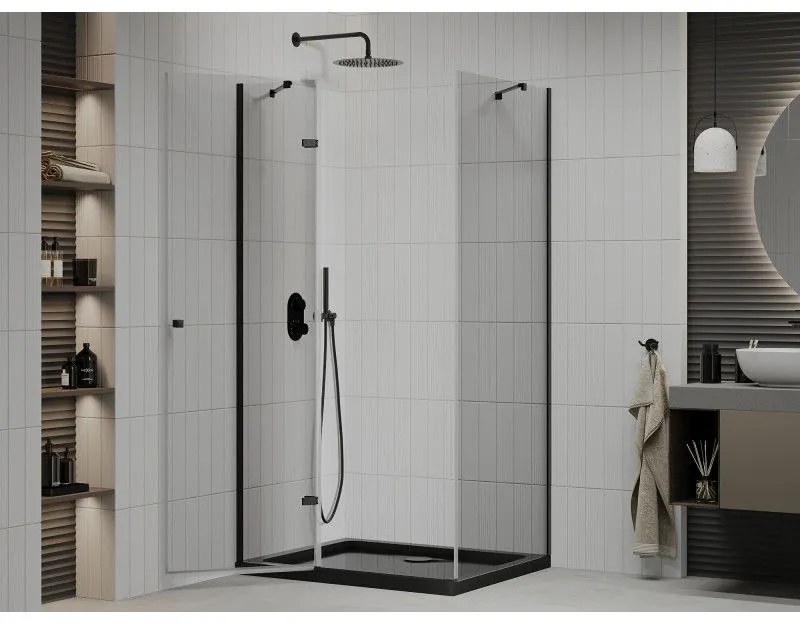 Mexen Roma, sprchovací kút s 1-krídlovými dverami 100 (dvere) x 90 (stena) cm, 6mm číre sklo, čierny profil, slim sprchová vanička 5cm čierna s čiernym sifónom, 854-100-090-70-00-4070B