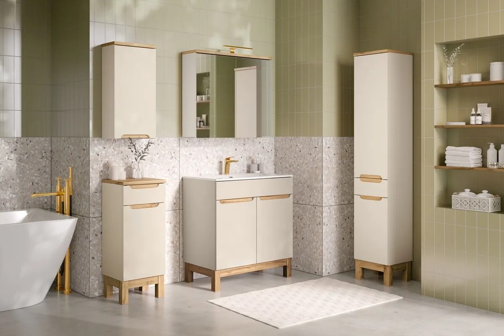 Kúpeľňová zostava Bali Sky so zápustným umývadlom a skrinkami 80 cm kašmírová/dub wotan