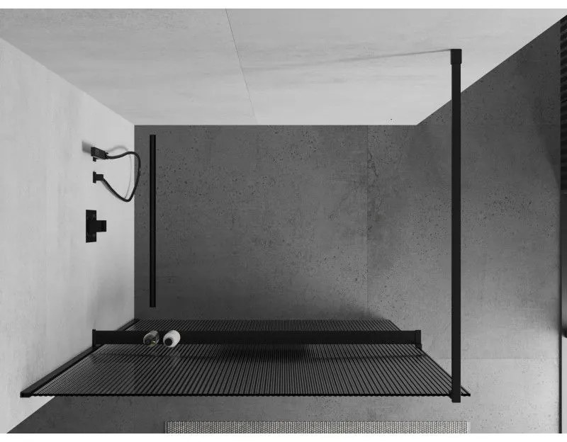 Mexen Kioto, sprchová zástena s poličkou a vešiakom na uteráky 130 x 200 cm, 8mm sklo s rebrovým vzorom, čierny profil, 800-130-121-70-09