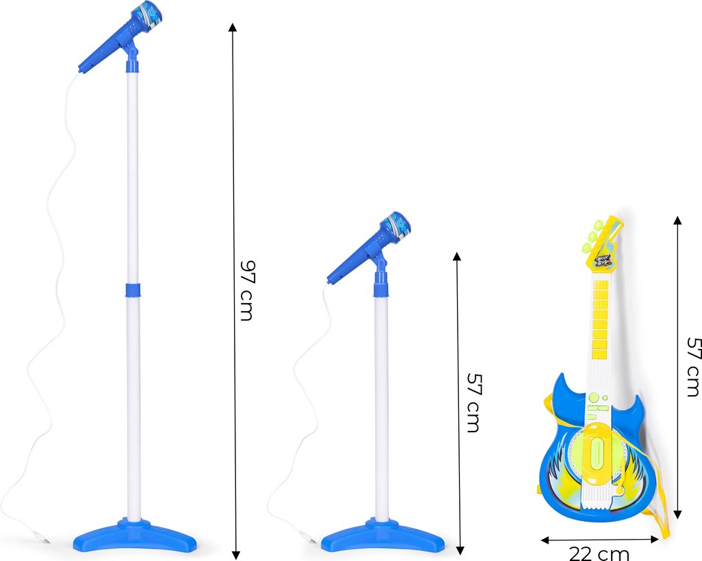 MULTISTORE Detská elektrická gitara – súprava s mikrofónom a statívom, MP3 pripojenie, modrá, 3+