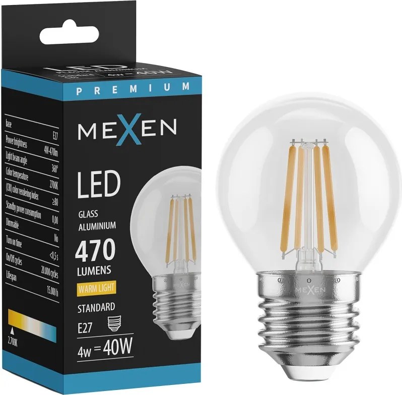 Mexen Vintis, LED filamentová žiarovka E27, G45, 4 W, teplá biela 2700K, číra, L156-E27-0427-00