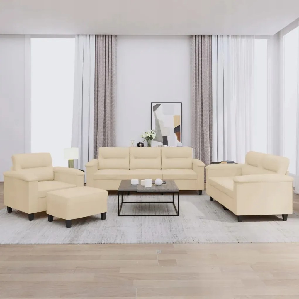 vidaXL 4-dielna sedacia súprava s vankúšmi krémová mikrovlákno