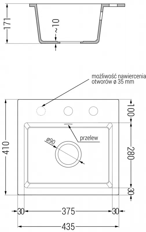 Mexen Milo, granitový drez 435x410x171 mm, 1-komorový, čierna-zlatá metalíza so zlatým sifónom, 6505441000-75-G