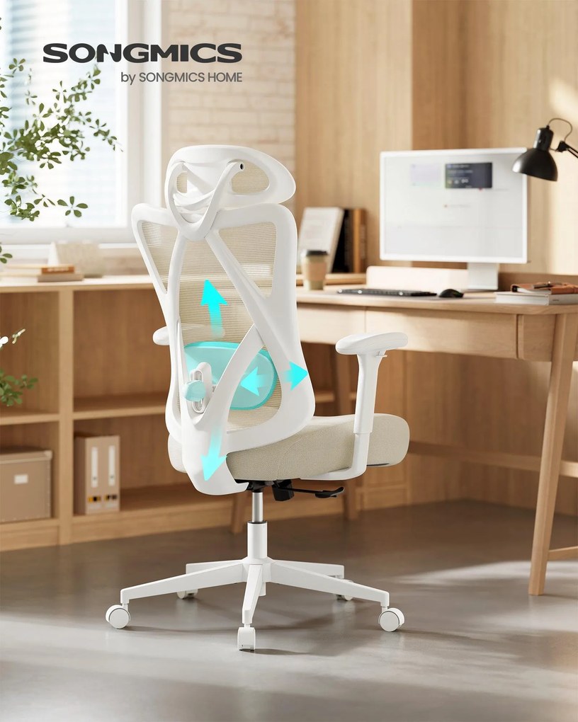 SONGMICS ergonomická kancelárska stolička, výškovo nastaviteľná, bielo-béžová