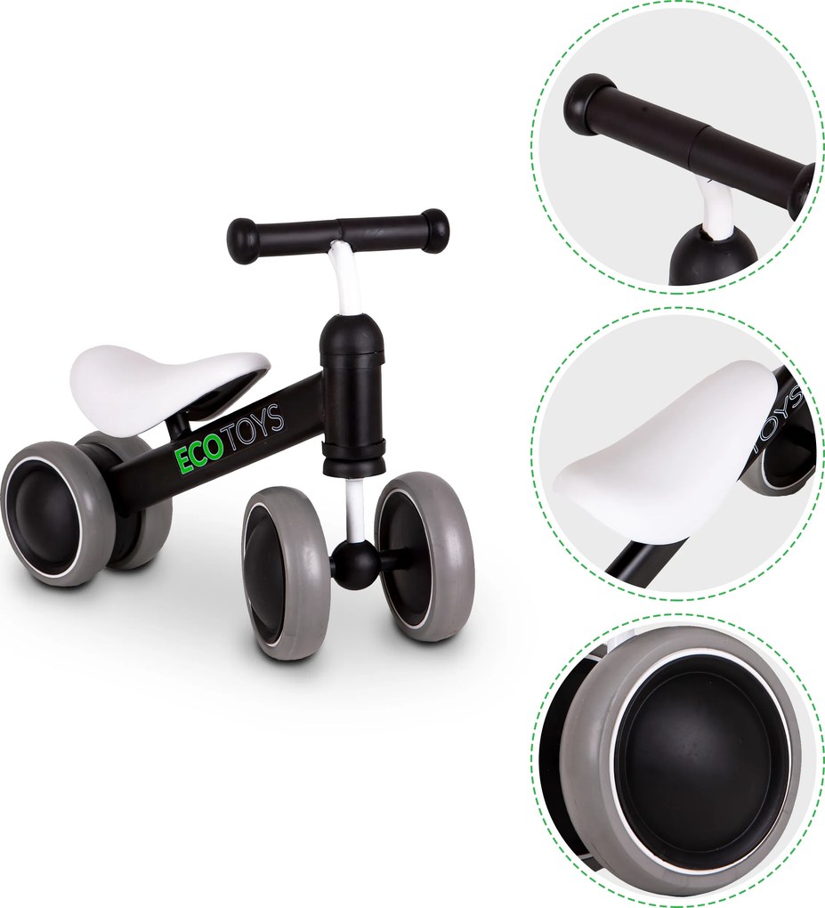 ECOTOYS mini odrážadlo pre deti 18–36 mesiacov, bežecké, čierne, ľahké 2,2 kg
