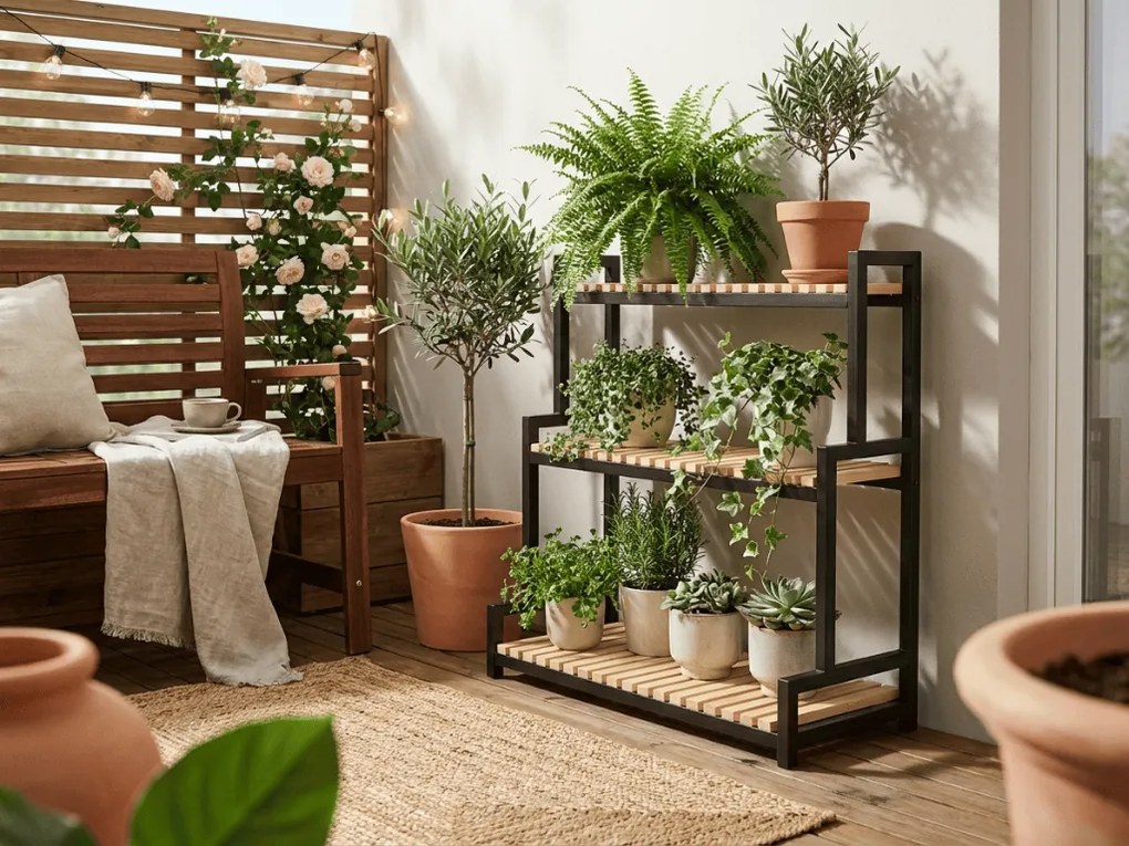 Stojan na kvety GREENY 3 police 95x80 cm, čierny / dekor dub