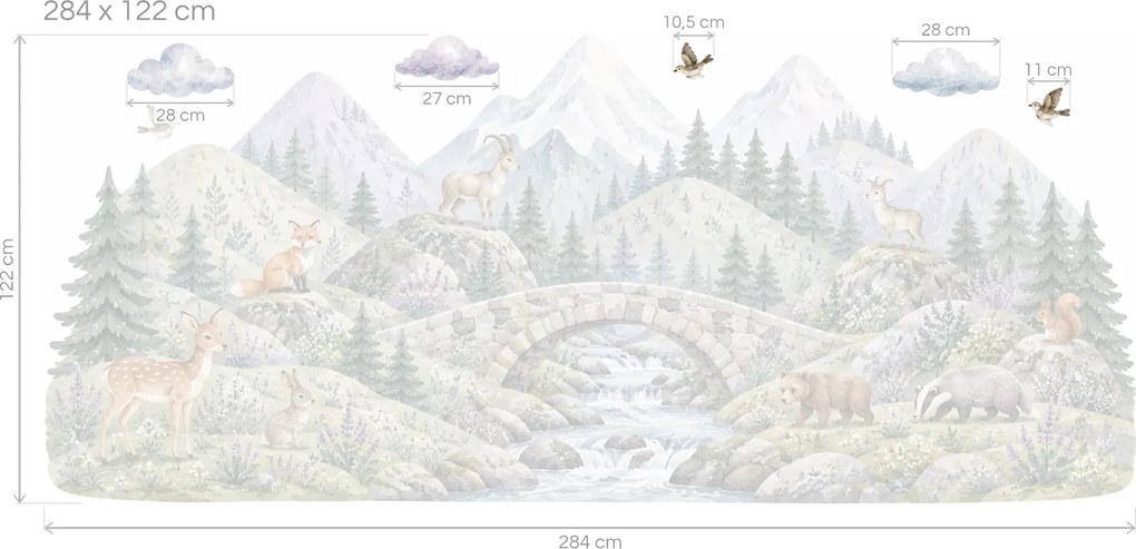 Zvieratká pri horskom potoku horské nálepky za detskú posteľ na stenu hárok 46 x 20 cm