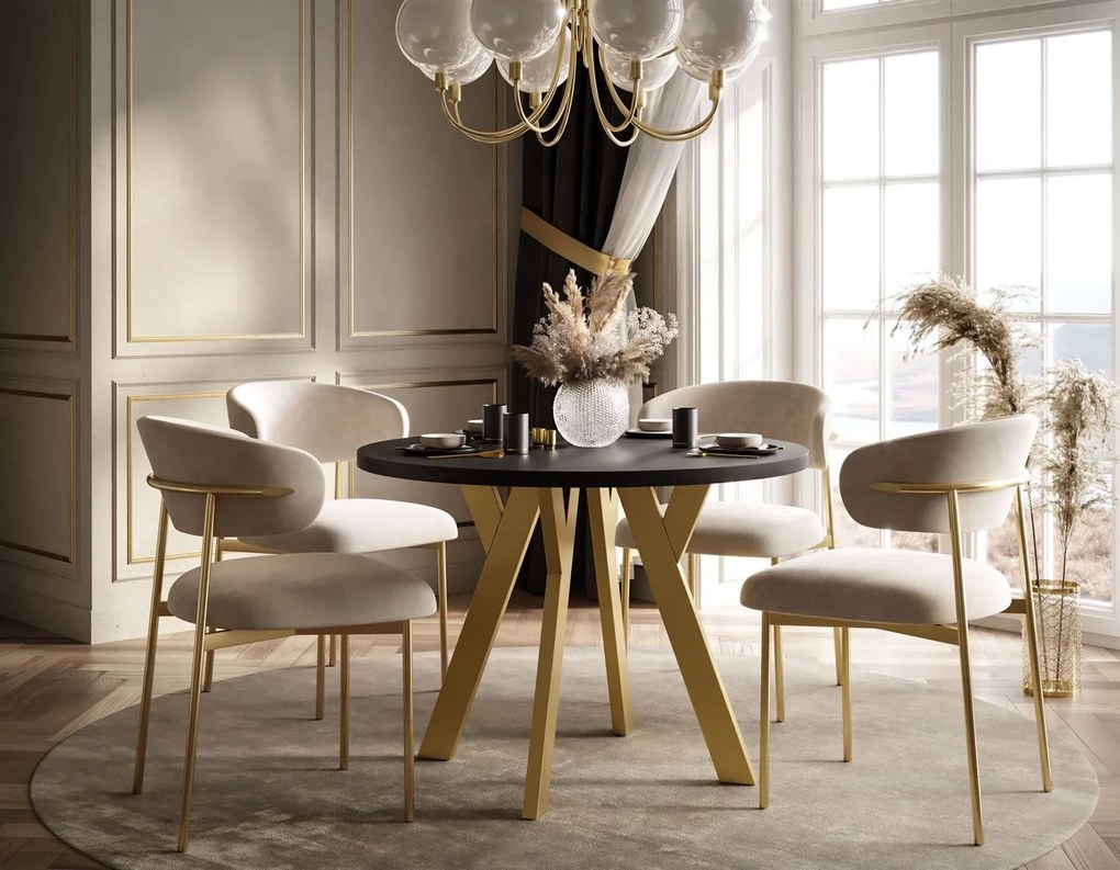 OKRÚHLY ROZKLADACÍ JEDÁLENSKÝ STÔL EWALD ČIERNY MATNÝ + ZLATÉ NOHY 100/140 cm