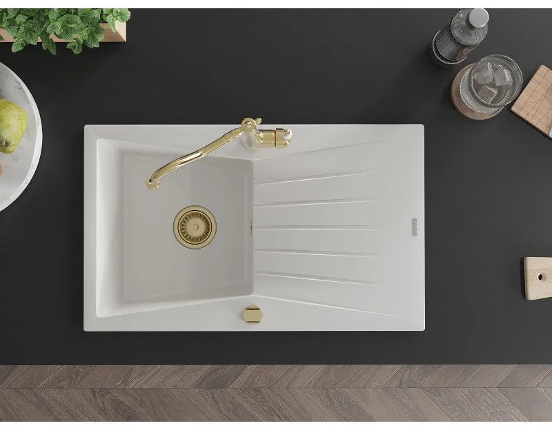 Mexen Cesar, 1-komorový granitový drez 775x470x190 mm a drezová batéria Carla, biela, 6514-20-670700-50