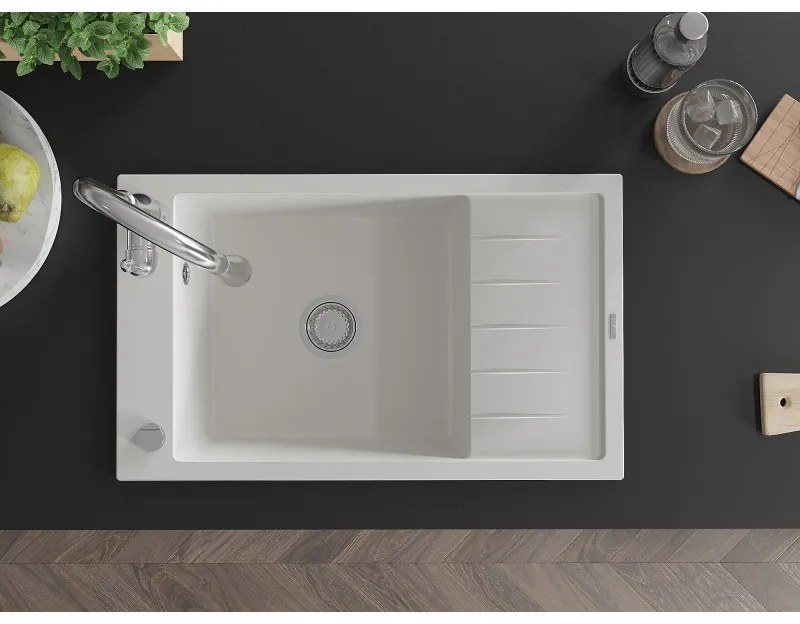 Mexen Elias, 1-komorový granitový drez 795x480x200 mm a drezová batéria Savita, biela, 6511-20-672601-00