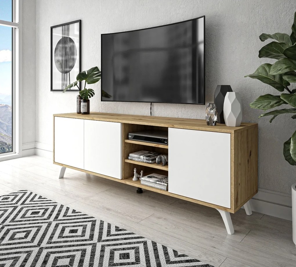 TV STOLÍK ALWIN DUB ARTISAN BIELY NA NOŽIČKÁCH 156 cm